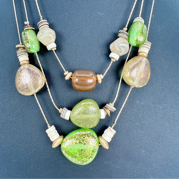 Chico”s Multi-Layer Necklace Spring Green and Gold Metallic Beads Adjustable - Picture 2 of 8